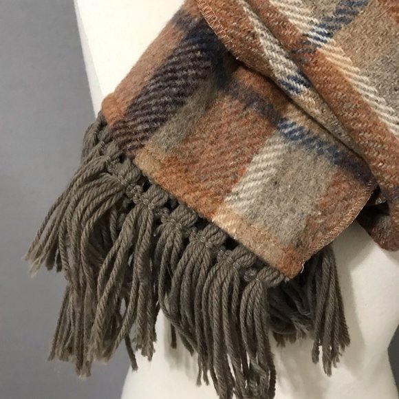 Brown Tan Taupe Plaid Wool Scarf - Picture 7 of 8